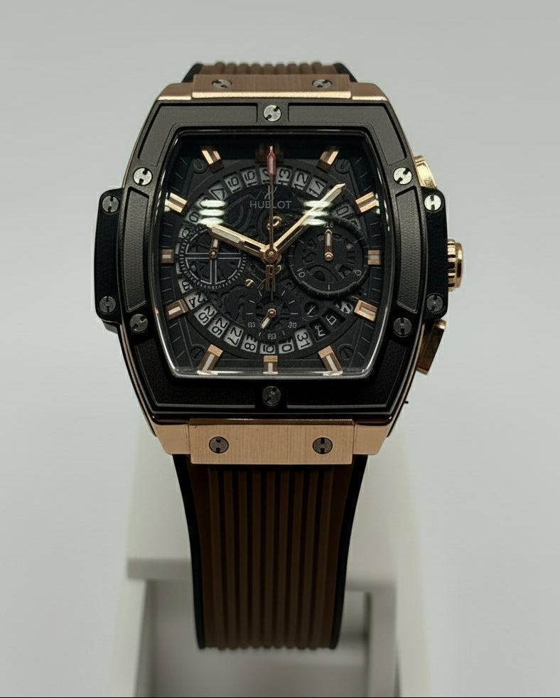 Luxury watch with a black face and brown strap on a light gray background